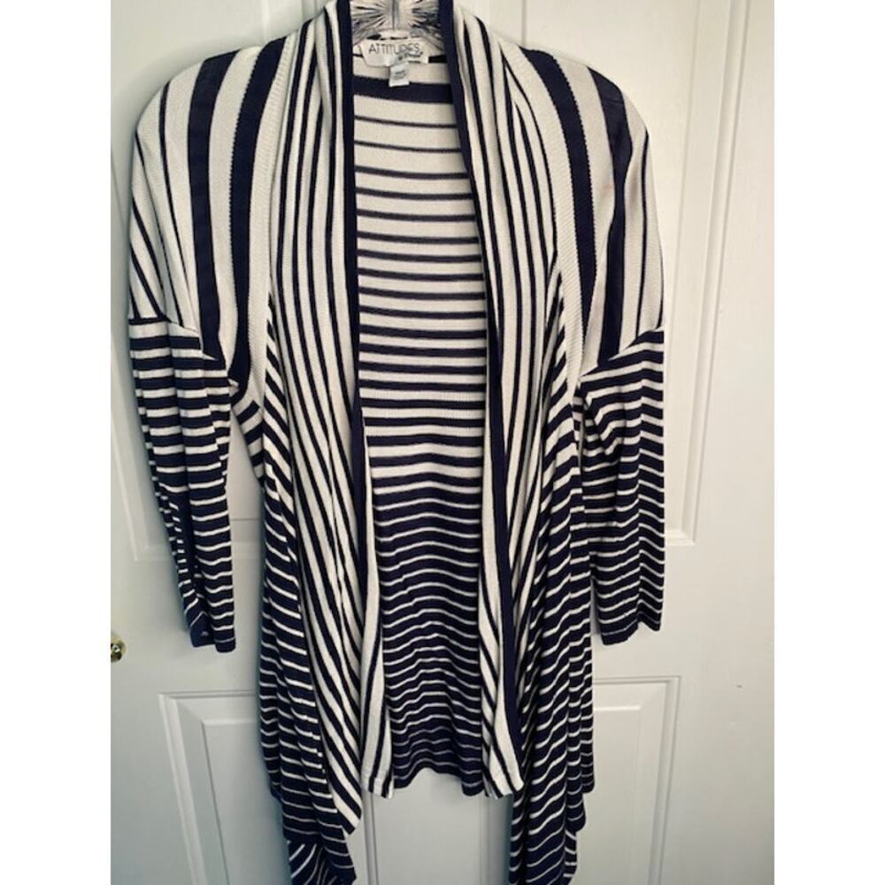 ATTITUDES by Renee'‎ Open Trendy Front Drape Sweater XXS Navy & White